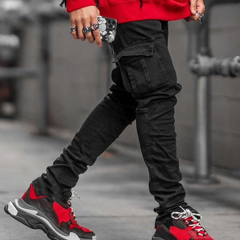 maoxiangshop Jeans Men Pants Casual Cotton Denim Trousers Multi Pocket Cargo Jeans Men New Fashion Denim Pencil Pants Side Pockets Cargo