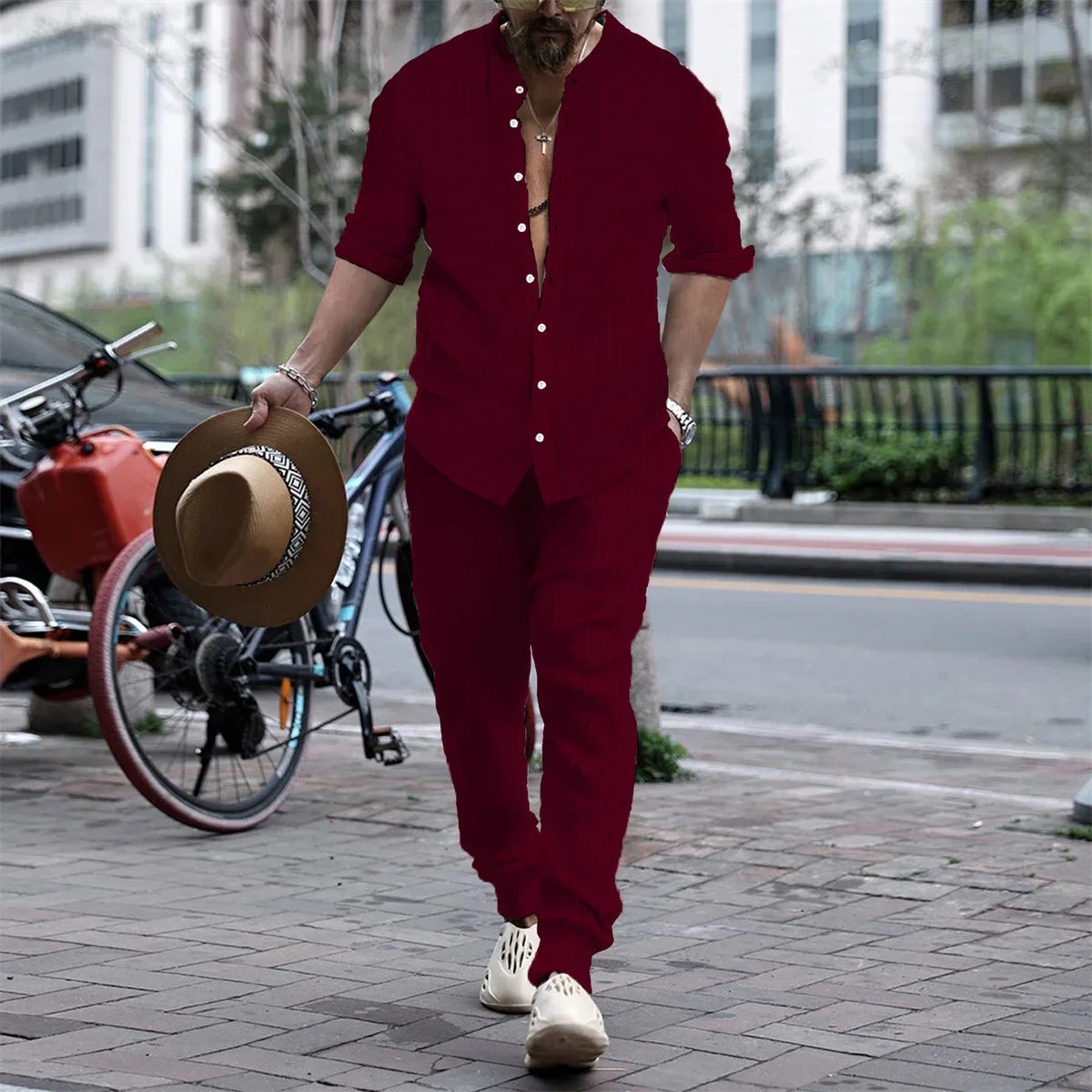 maoxiangshop Autumn Casual Simple Style Mens Sets Long-shirts Long Pants Solid All-match Henry Collar Striped Two-piece Sets S-3XL