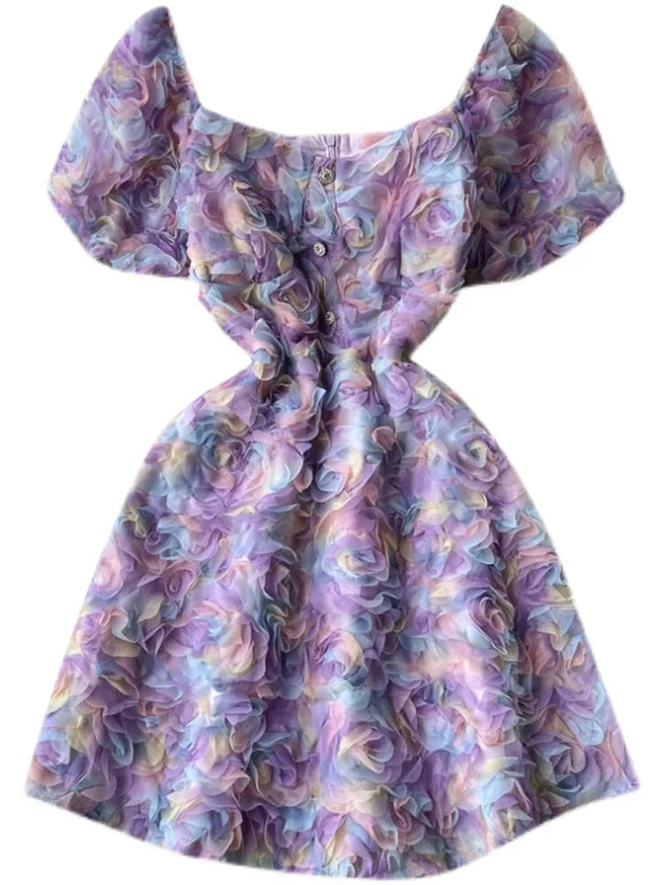 maoxiangshop Women's Broken Flower A-line Dress Vestido Temperament Slim Clothing Ladies Sweet Korea Chic Girl's Summer