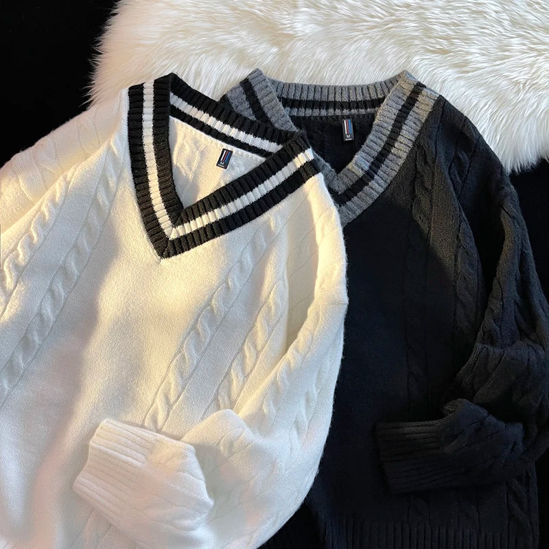 Matching V-neck Section Men's Knitted Sweater Ribbed Hem Fashion Splicing Pullover Korean Loose Autumn Knit Sweater