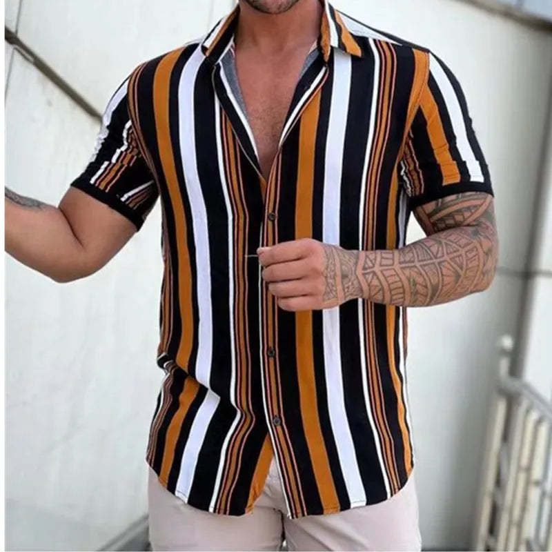 maoxiangshop Men's Shirts Holiday Hawaiian Beach Shirts Striped Print Tops Business Casual Cropped Oversized T-Shirts 5XL Designer Clothing