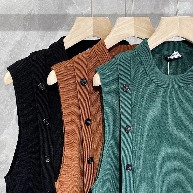 maoxiangshop Men's Luxury Knitted Pullover Sweater Vest Casual Streetwear Button Solid Color O Neck Sleeveless Loose Stylish Vintage Knitwear