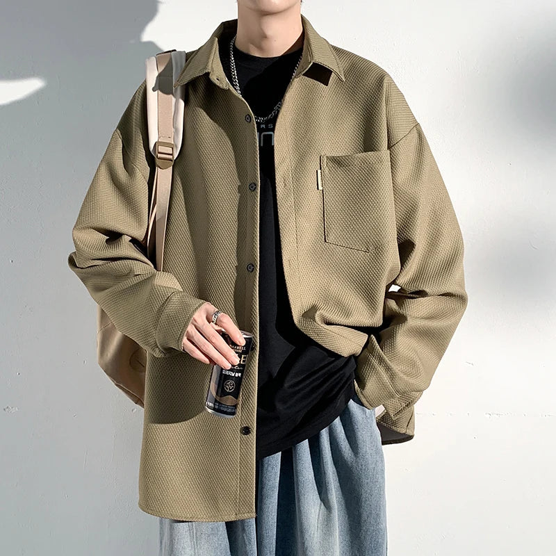 maoxiangshop Autumn New Shirts Fashion Handsome Trend Shirt Man Long Sleeve Simple Lapel Male Blouse Loose All Match Casual Tops Jacket Men