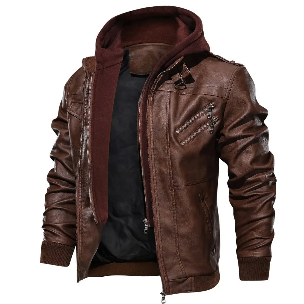 maoxiangshop Autumn Winter Men's Leather Jackets Hooded Casual Motorcycle PU Jackets Biker Leather Outerwear Brand Clothing