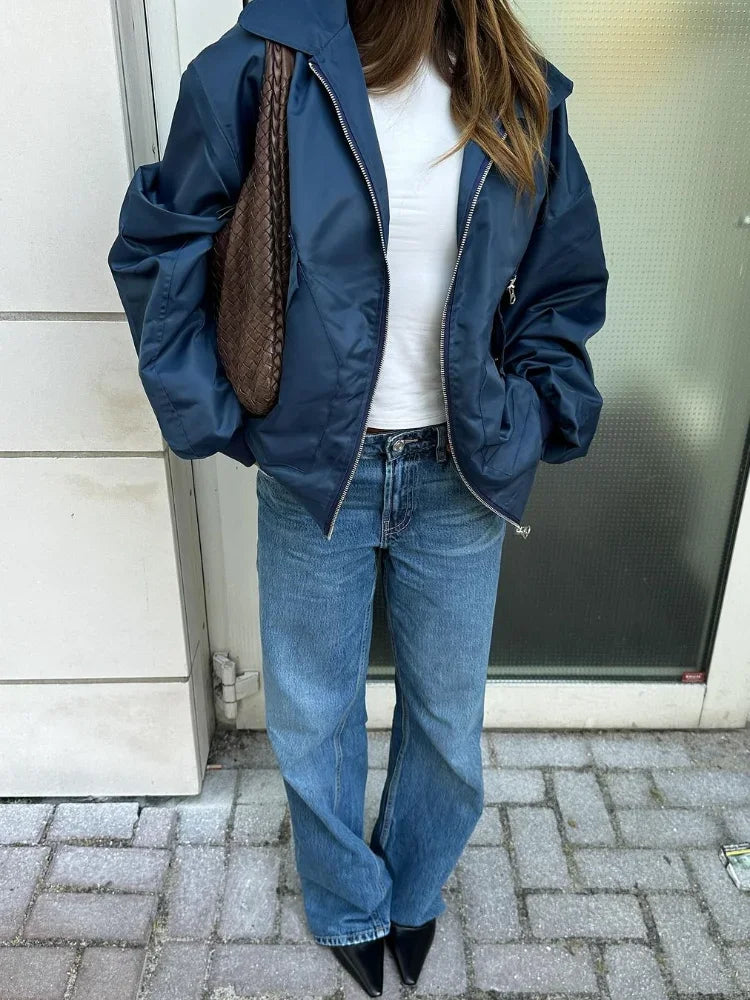 maoxiangshop - Fashion Zipper Lapel With Pockets Bomber Jacket Women Casual Solid Long Sleeves Short Coats 2024 Autumn Lady Street Outerwear