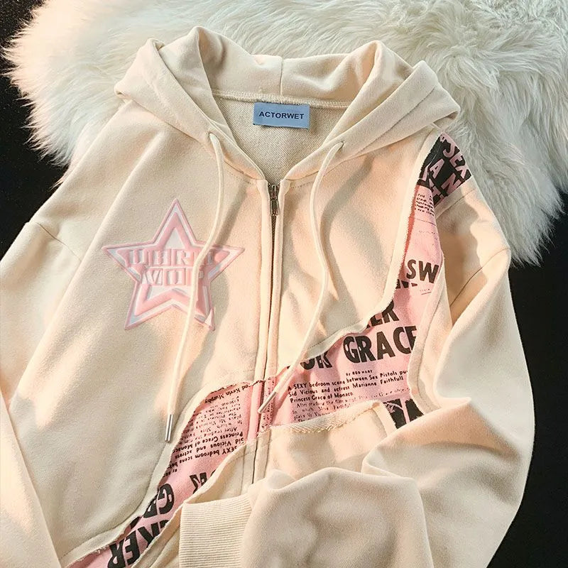 maoxiangshop1 Y2K Vintage Zip Up Hoodies Women Harajuku Hip Hop Letter Print Sweatshirts Gothic Streetwear Loose Patchwork Tops Coats