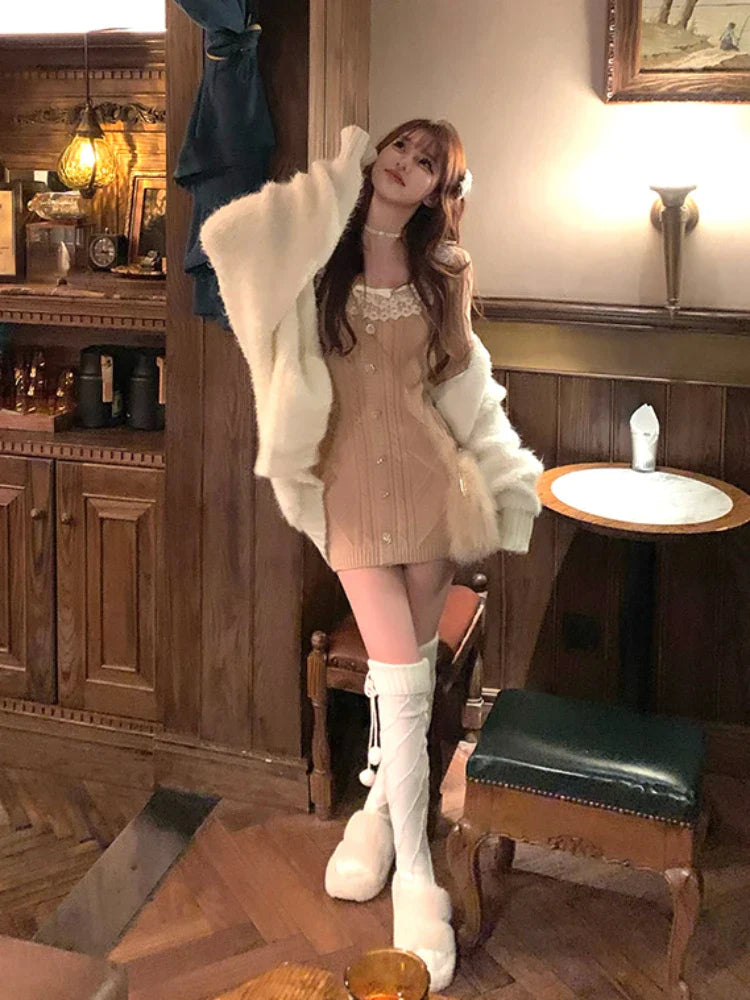 maoxiangshop Autumn Elegant Slim Knitting Lace Dress Women Sexy Bodycon Y2k Mini Dress Casual Short Party Korean Fashion Dress Design