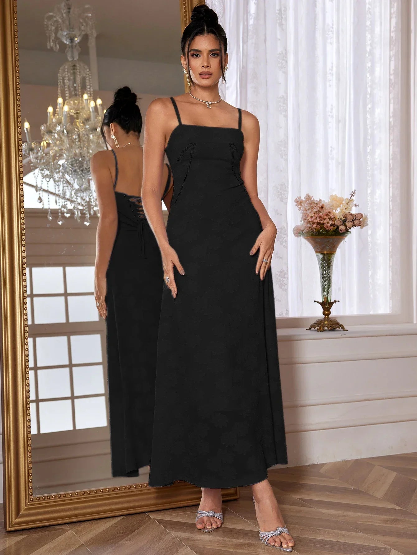 New Summer Elegant Maxi Dress New Arrival Purple Spaghetti Strap Wedding Guest Dress Lace Up Party Dresses