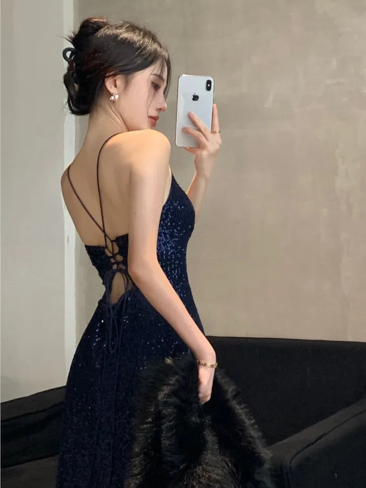 maoxiangshop - Women's Backless V-Neck Split Maxi Dress Sexy Slim Evening Gown Luxury Dresses Fashion Robe Birthday Party Spring Autumn New