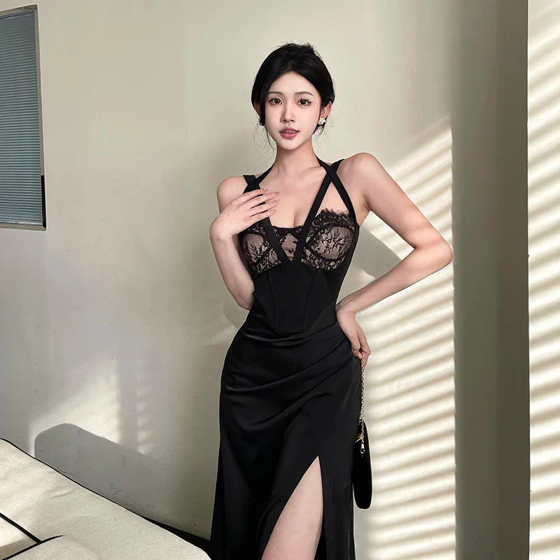 maoxiangshop-Women's Long Dresses 2024 Spring New Lace Splicing Slim Imperial Sexy High Split Spice Girl Slim Dresses