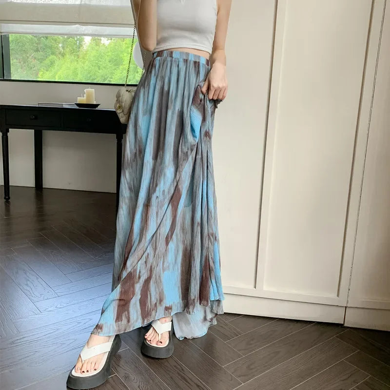maoxiangshop Boho Vintage Long Skirts for Women Tie Dye Printed A-line Female Elegant Skirt Ladies Holiday Mid-length Maxi Skirt