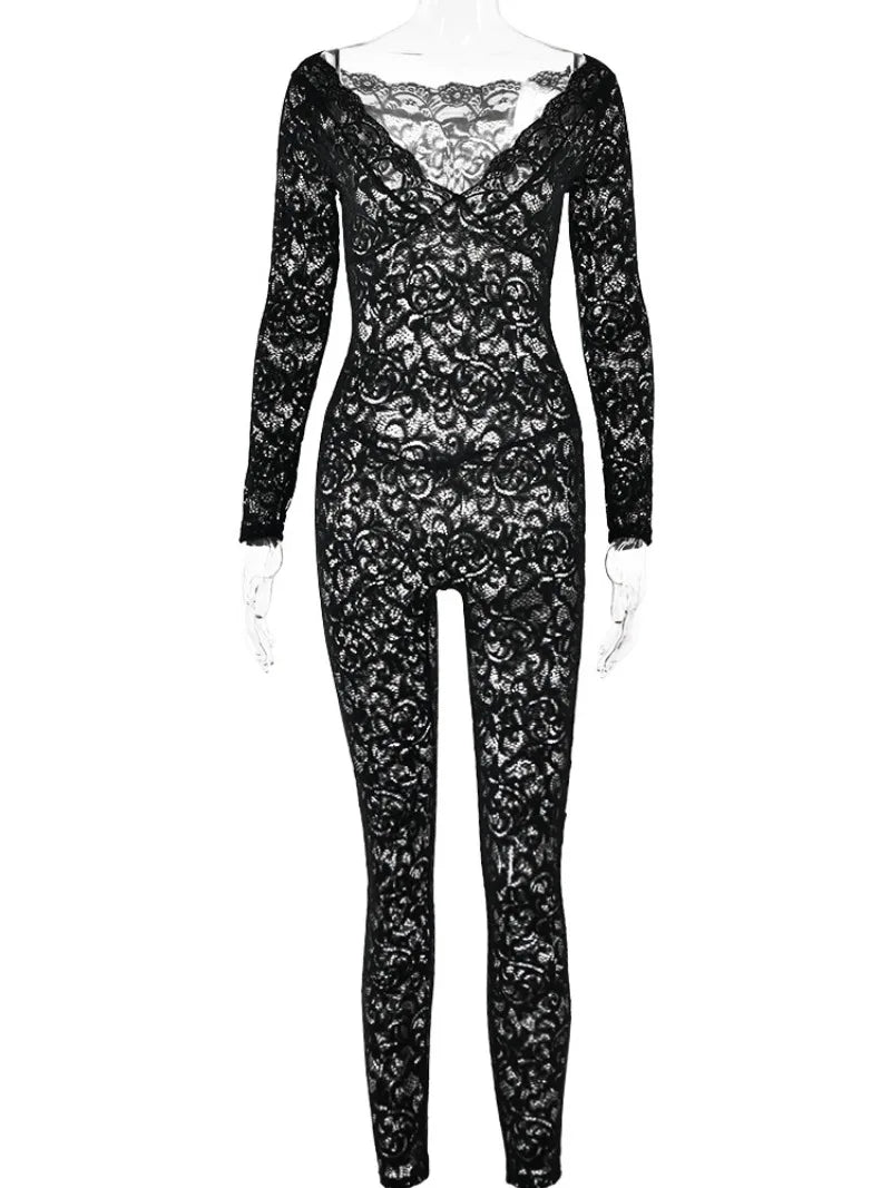 maoxiangshop Sexy Deep V-neck See Through Lace Jumpsuits Women's 2024 Long Sleeve Hollow Out Black Bodysuit Night Club Outfits Streetwear