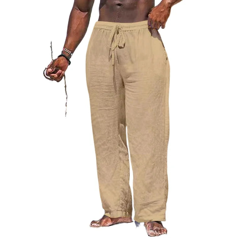 maoxiangshop Summer Cotton Pants Casual Long Fitness Breathable Pants Linen Lightweight Drawstring Yoga Beach Trousers Solid Color Mens Pants