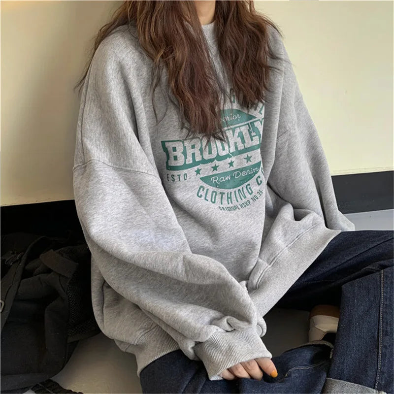 maoxiangshopHarajuku Gray Sweatshirts Women Hip Hop Letter Print Hoodies Oversized Loose Crewneck Pullover Tops Korean Streetwear
