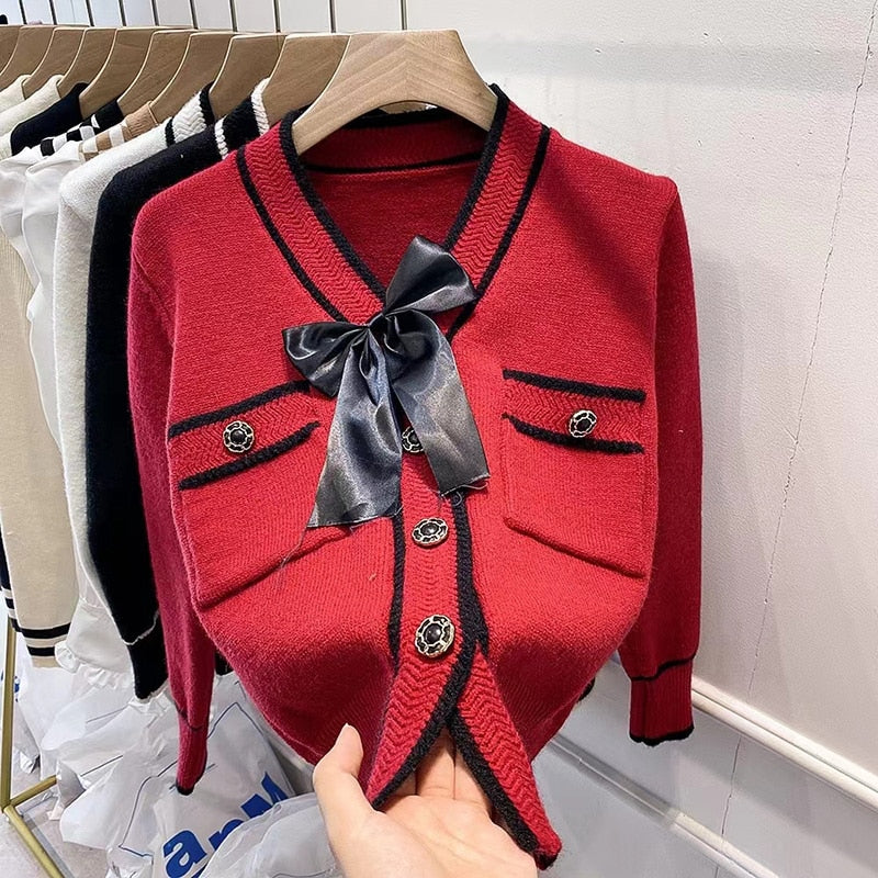 Knitted Cardigan Female Red Short Fashion Sweater women's Loose Bow Solid Long-Sleeved Kawaii Autumn High-Waist Knitted Top