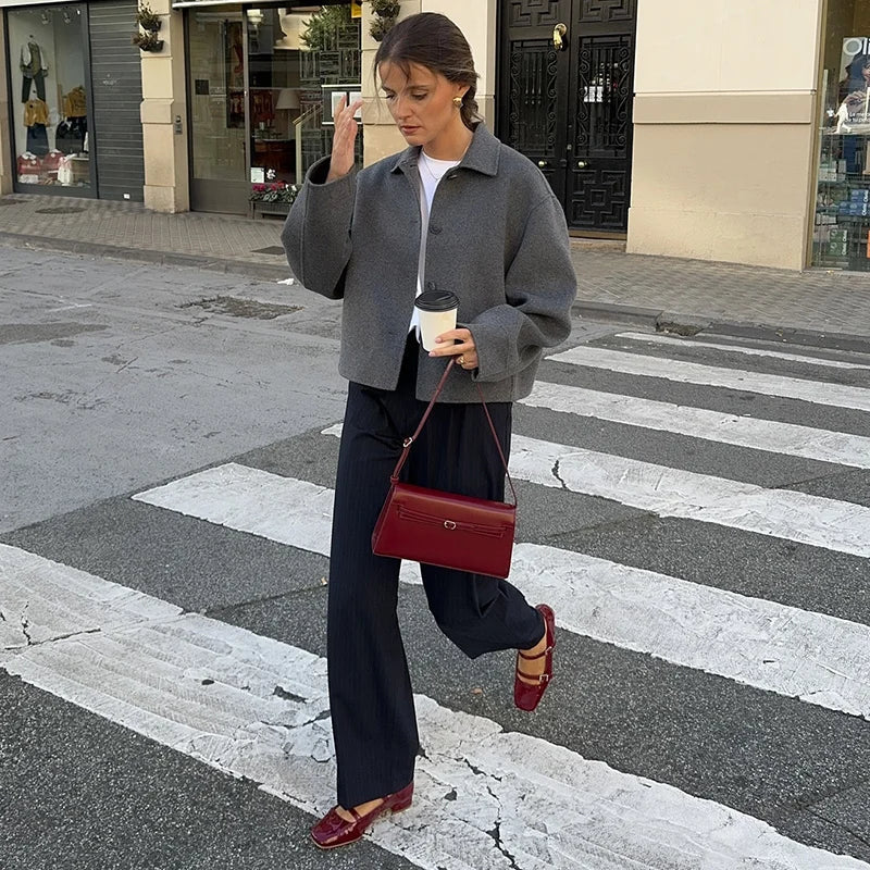 maoxiangshop - Fashion Woolen Solid Women Coat Lapel Full Sleeve Female Jacket 2024 Warm Autumn Winter Single Breasted Straight Lady Outwear