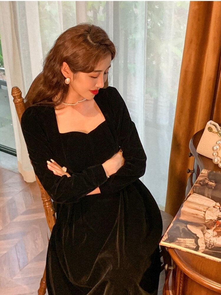 maoxiangshop Winter Black Velvet Dress Women France Vintage Party Dresses Long Evening Elegant One Piece Dress Korea Female Clothing New