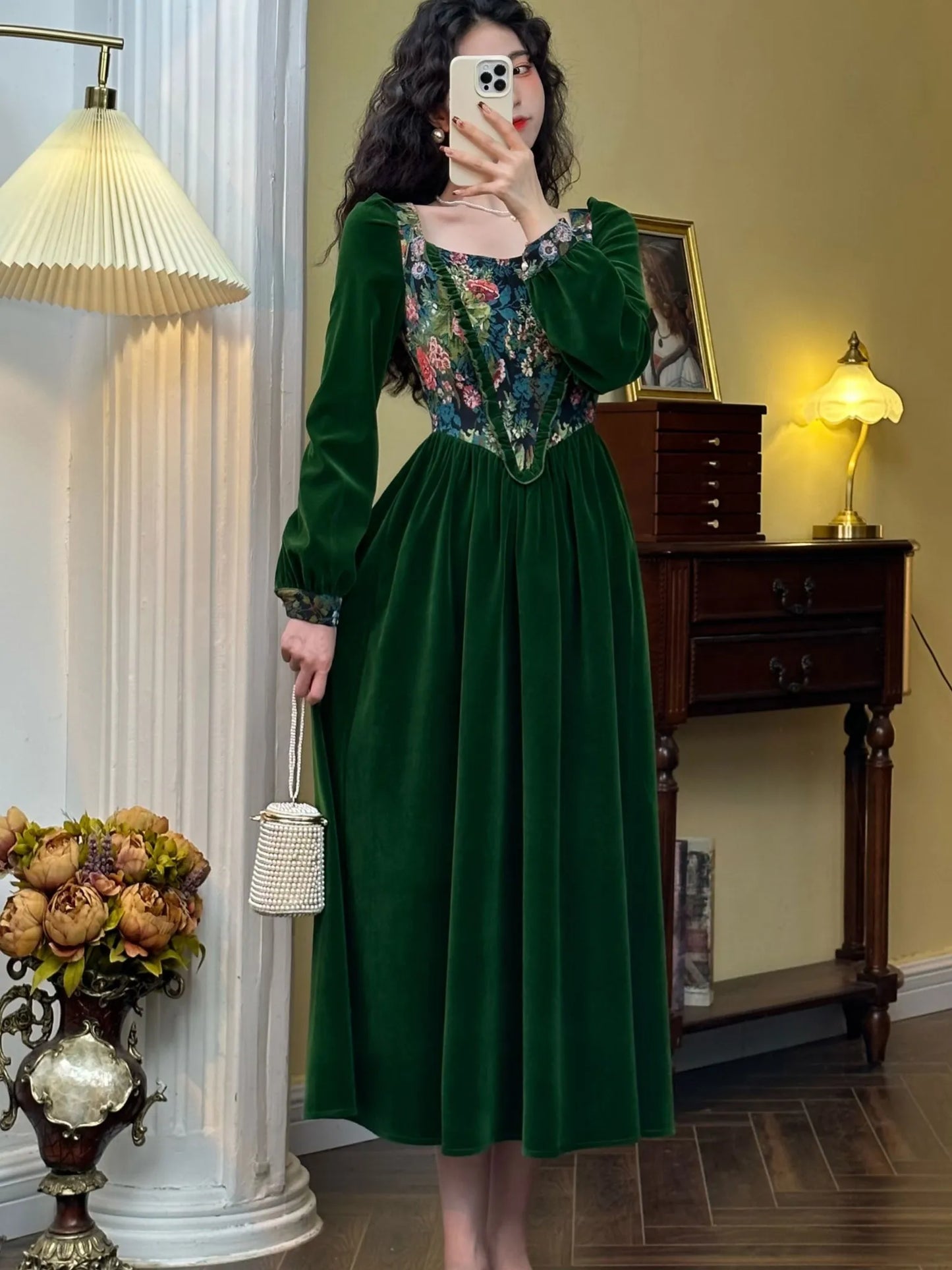 Vintage France Green Velvet Floral Dress for Women Chic Auricular A-line Party Prom Robe Winter Spring Harajuku Clothes