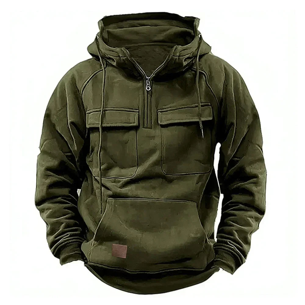 maoxiangshop Half Zipper Men's Hoodies Solid Warm Fleece Sweatshirts Multi Pockets Male Hooded Jackets Thick Outdoor Polar