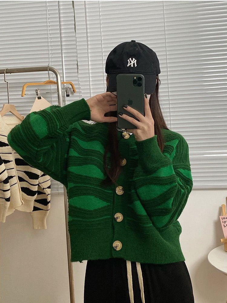 Oversized Sweaters for Women Autumn Knitted Cardigan Winter Striped Loose Jacket Long Sleeve Crop Tops Y2k Cardigan for Girls
