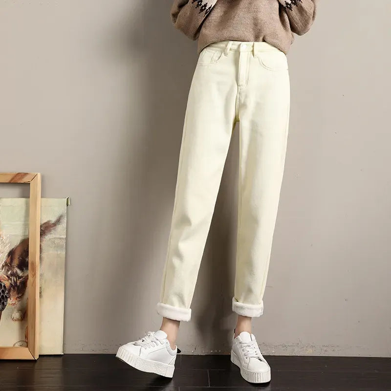 maoxiangshop Fleece Jeans Women Baggy Harem Pants Winter New High Waist Straight Thickened Warm Boyfriend Velvet Denim Trousers