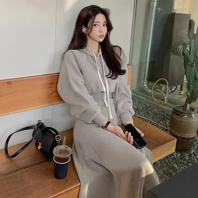 maoxiangshop maoxiangshop- Spring Autumn New Korean Women's Skirt Set Hooded Long Sleeve Hoodies Tops High Waisted Half Length Skirt 2 Piece Sets Womens