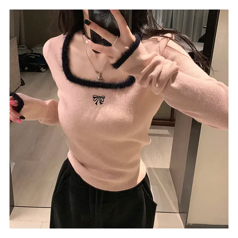 maoxiangshop Women Butterfly Embroidered T-shirts Square Neck Long Sleeve Patchwork Y2K T-Shirts Casual Tees Women Autumn Winter