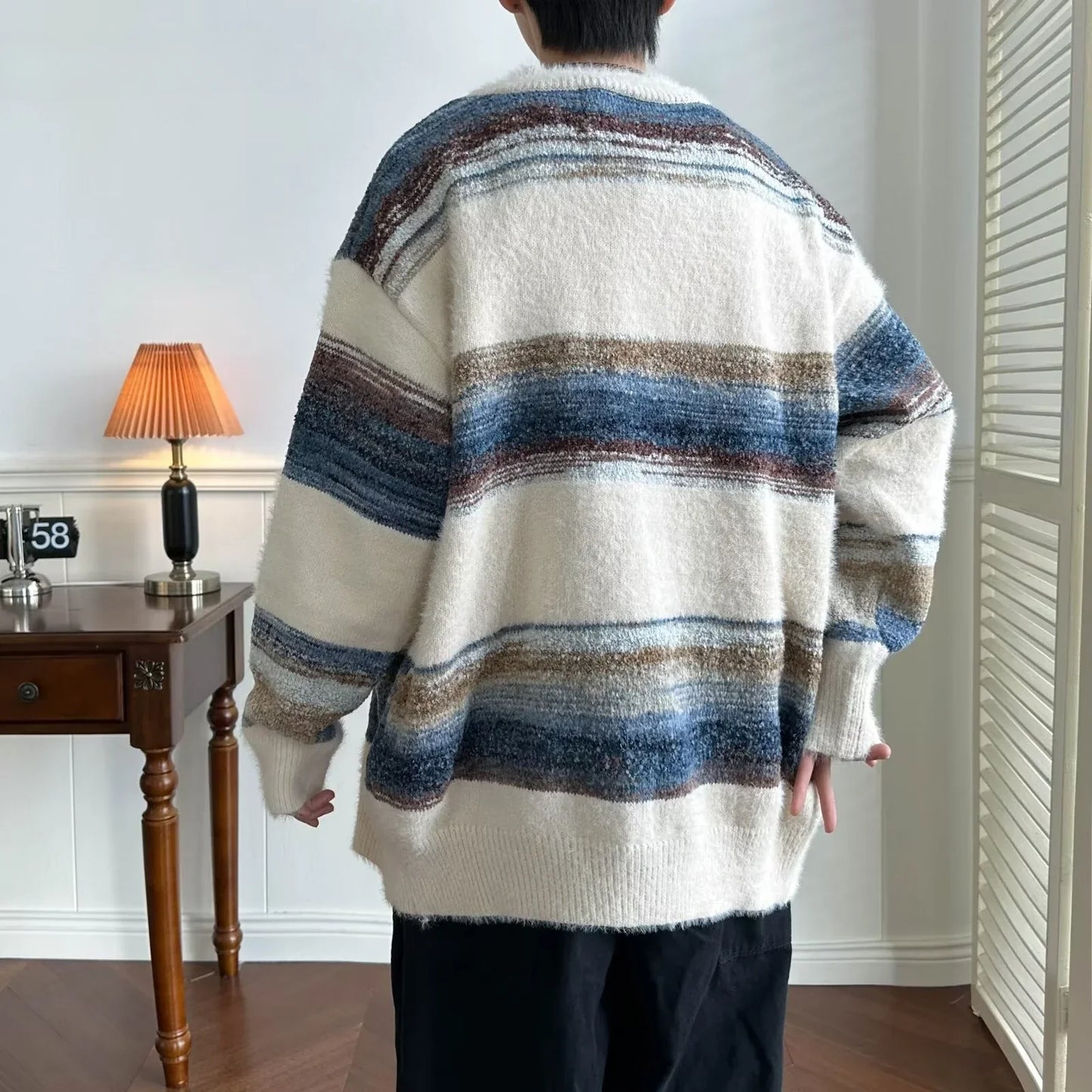 maoxiangshop Striped Cardigan Men Chic Baggy Slouchy V-neck Japanese Style Harajuku Vintage High Street Knitting Sweaters All-match Autumn