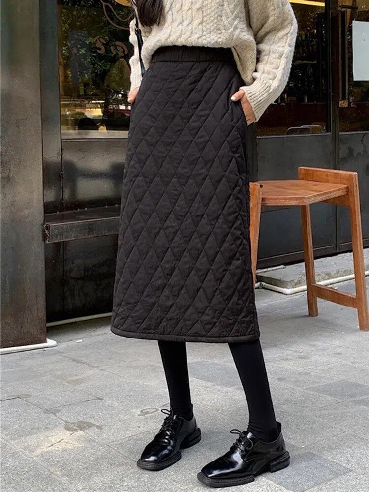 maoxiangshop Black Quilted Skirt Winter Women Pull-on Long Padded Skirt with Pocket Classic Warm Outfit