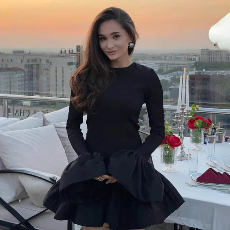 maoxiangshop - Knitted Mini Dress Female Long Sleeves Gown Flare Sleeves Spliced Autumn Winter Dress A-Line Sweet Bodycon Women Clothes