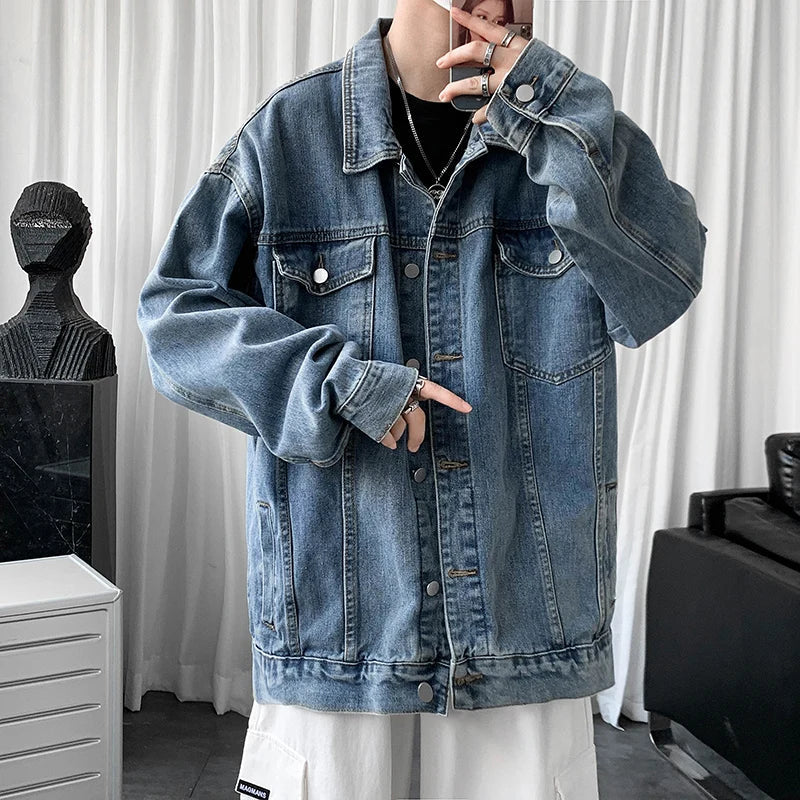 maoxiangshop Men's Clothing New Baggy Denim Jacket Solid Color Casual Korean Fashion Harajuku Oversized Blue Streetwear Male Button Coat