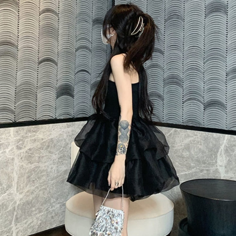 maoxiangshop Black Mini Dress for Women Mesh Spaghetti Strap Hotsweet Streetwear Chic Summer Y2k Gothic Vintage Vestidos Sexy Mujer Ball Gown