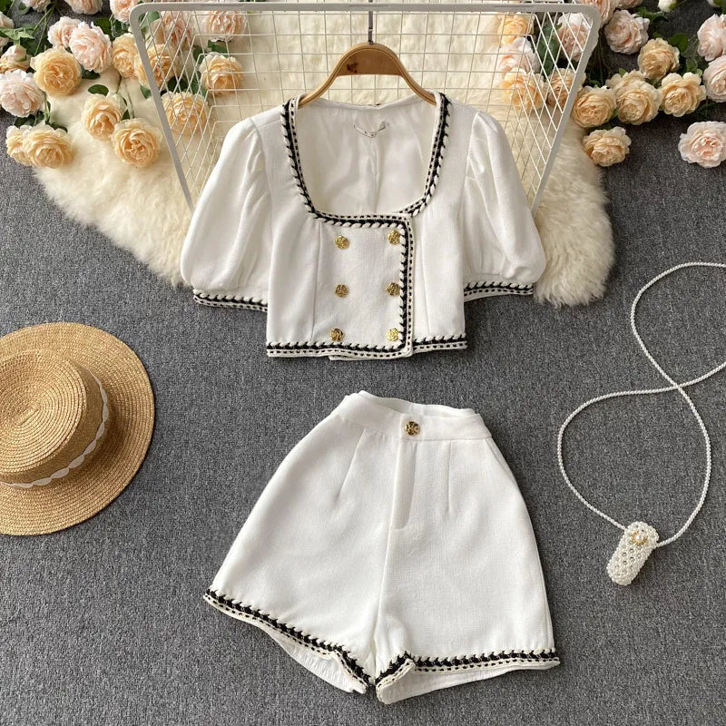 French Streetwear Small Fragrance Pants Suits Women Short Jacket Coat Crop Top & High Waist Shorts Sets Summer Two Piece Set