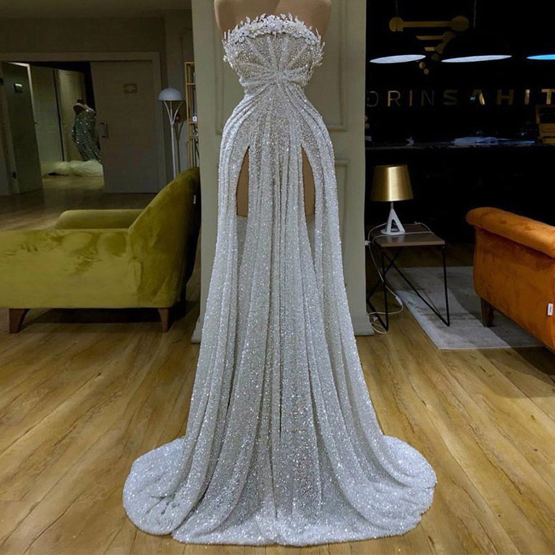 maoxiangshop Luxury White Prom Dresses Sexy Withtout Sleeves Strapless High Split Formal Evening Dresses Gowns Robe De Soir¨¦e