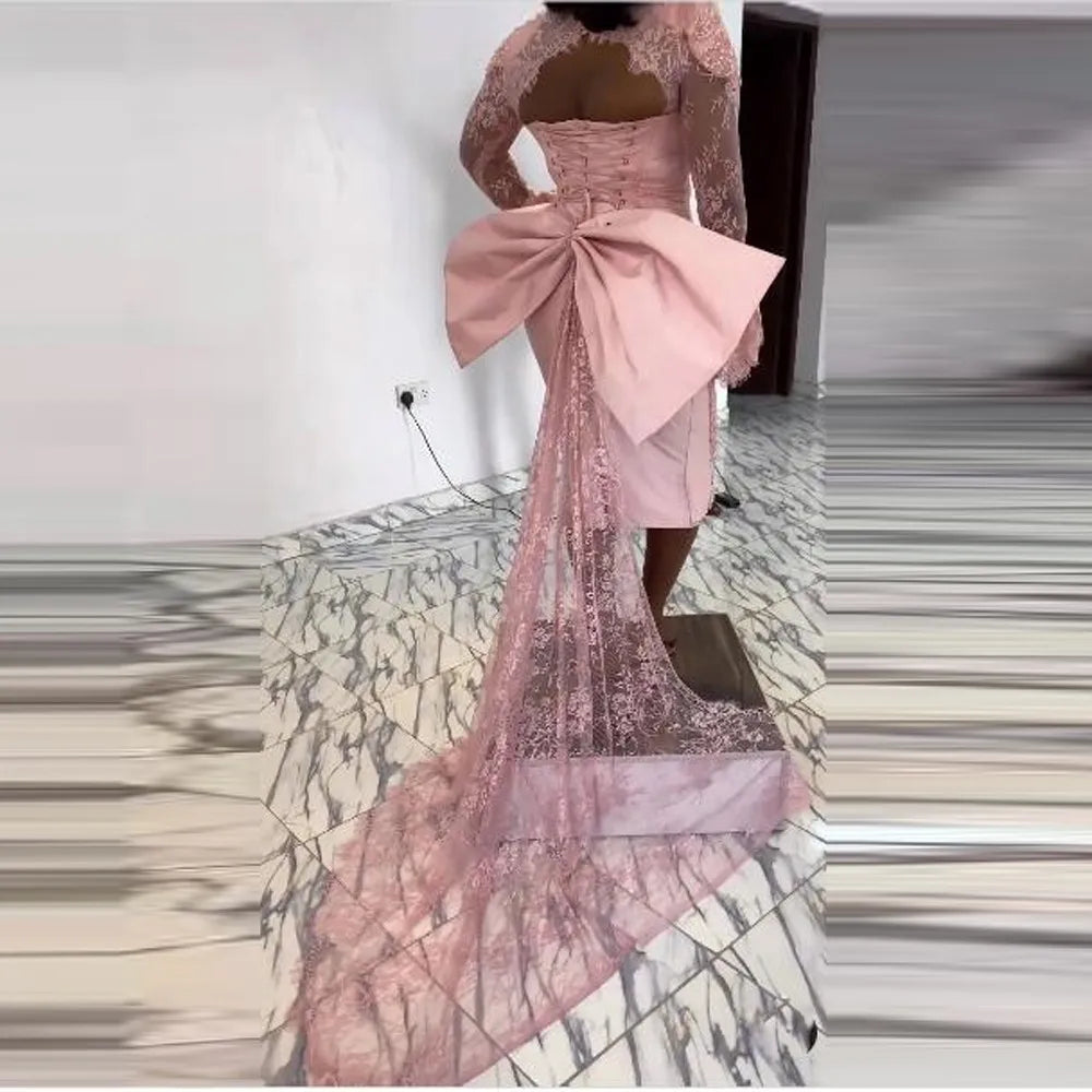 maoxiangshop African Women Mermaid Evening Dresses WIth Long Sleeves Lace Lace Up Back Cocktail Party Dress With Big Bow Evening Gowns