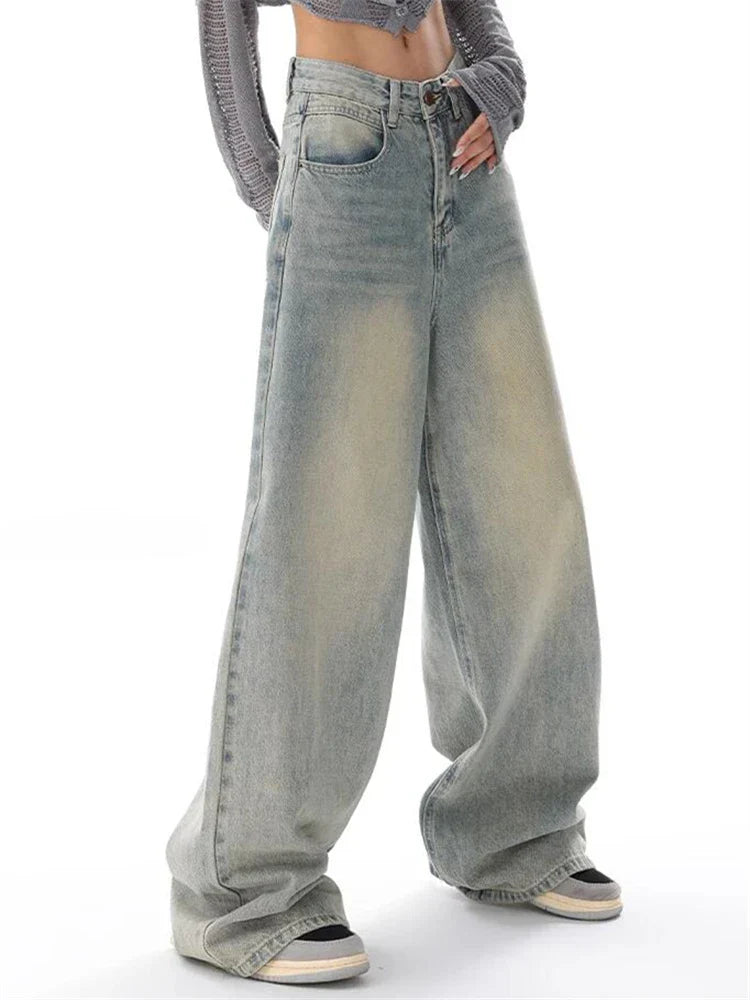 maoxiangshopWomen's American Vintage Washed Thin Jeans Street Casual Neutral Style Blue Denim Trousers Female High Waist Straight Pants
