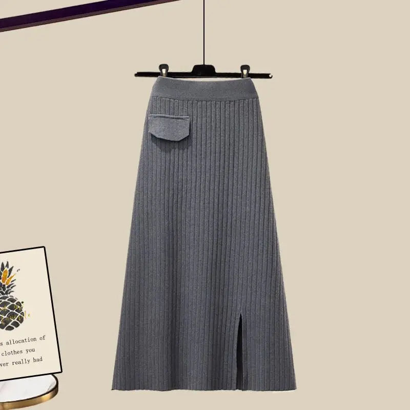 maoxiangshop Women's Autumn Dress Sets Female Loose Knit Shawl+Long sleeve Shirt+High Waist Knitted Half Skirt Three Piece Set Korean Fashion