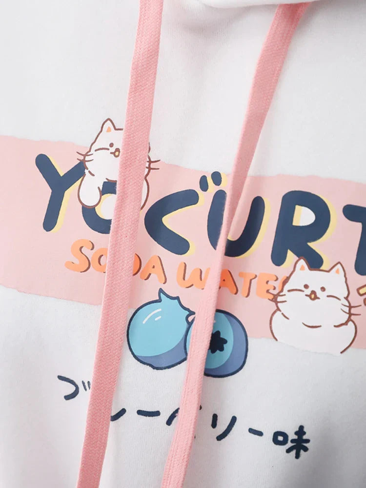 maoxiangshop Kawaii Cat Print Women Hoodies Spring Long Sleeve Drawstring Cotton Hooded Sweatshirt Female Harajuku Cute Pullover Tops