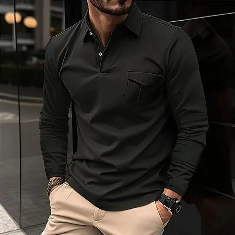 maoxiangshop Autumn And Winter New Sports Polo Shirt Men's Long-sleeved Casual Lapel Polo Shirt Solid Color Pocket T-shirt