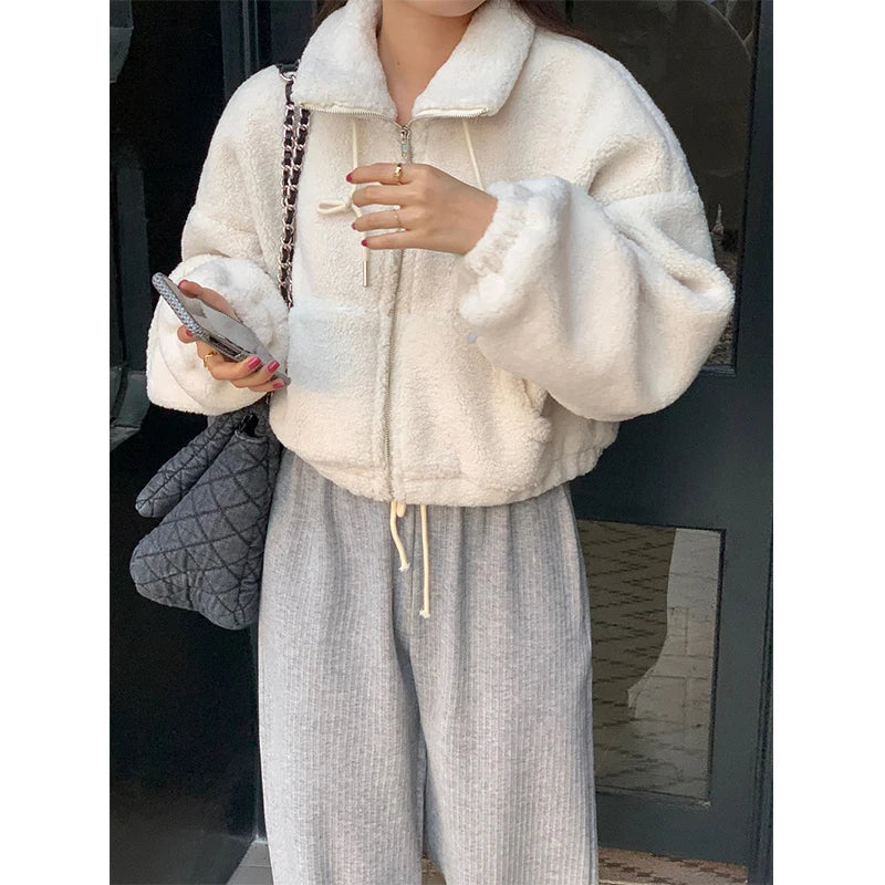 maoxiangshop - Cropped Lamb Wool Coat Women Streetwear Stand Zipper Short Jacket Winter Korean Solid Simple Warm Casual All Match Outerwear New