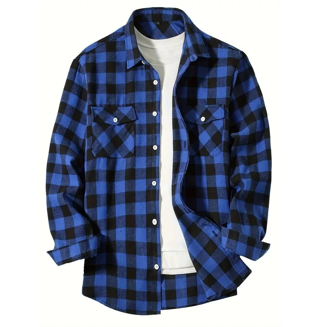 maoxiangshop Men's Shirts Button-Up Classic Plaid Smart Casual Flannel Shirt Long Sleeved Chest Two Pockets Design Spring Autumn Men Tops