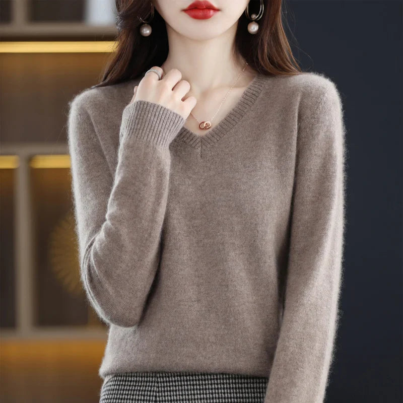 maoxiangshop Cashmere Sweater Women's Knitting Sweater 100% Pure Merino Wool Winter Fashion Basic V-neck Chic Top Autumn Warm Pullover