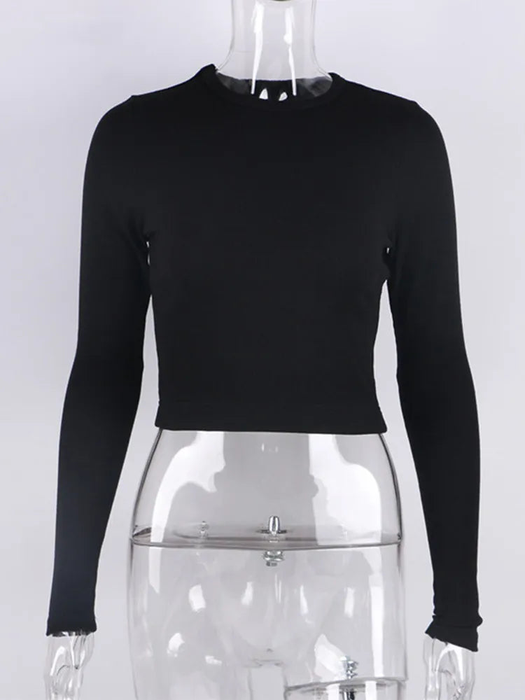 maoxiangshop O Neck Long Sleeve Shirt Women Ribbed Sexy Cropped Tops Spring Black Casual Skinny Slim Basic Woman T Shirts White