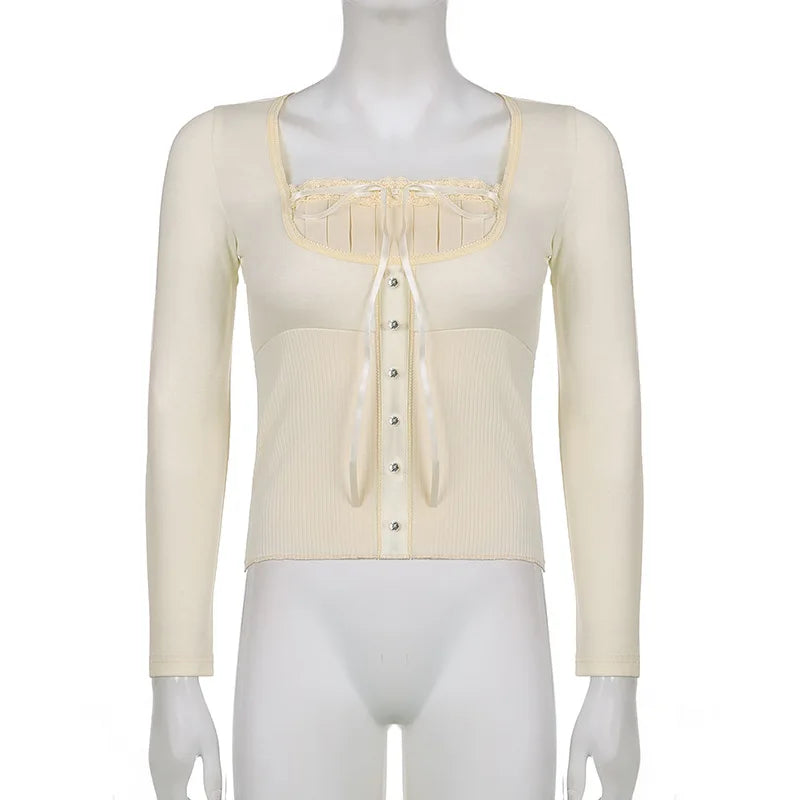 maoxiangshop Vintage y2k Tops Women Lace Trim Long Sleeve T-Shirts Fall Fairycore Aesthetics Grunge Clothes Streetwear