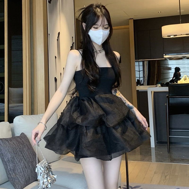 maoxiangshop Black Mini Dress for Women Mesh Spaghetti Strap Hotsweet Streetwear Chic Summer Y2k Gothic Vintage Vestidos Sexy Mujer Ball Gown