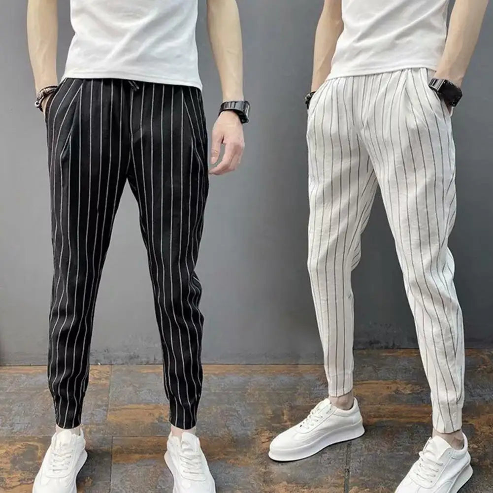 maoxiangshop Men Harem Pants Striped Drawstring Elastic Waist Slim Fit Streetwear Spring Autumn Stretch Ankle Tied Pencil Pants for Daily