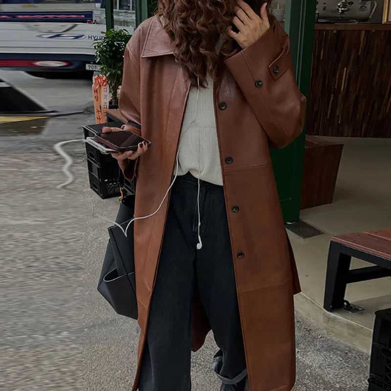 maoxiangshop - Autumn Winter Vintage Trench Coat Women New Lapel Single Breasted Loose Long PU Leather Cool Coat Fashion Classic Casual Coat