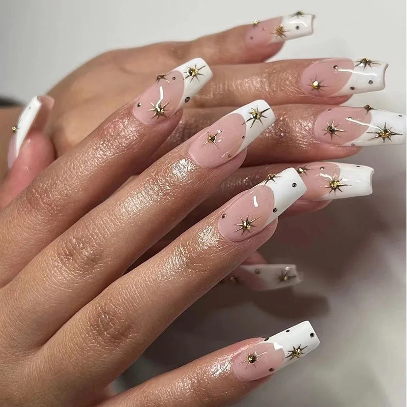 maoxiangshop 24Pcs Long Square Head False Nails with Gold Foil Design Wearable Black French Fake Nail Glitter Coffin Full Cover Press on Nail