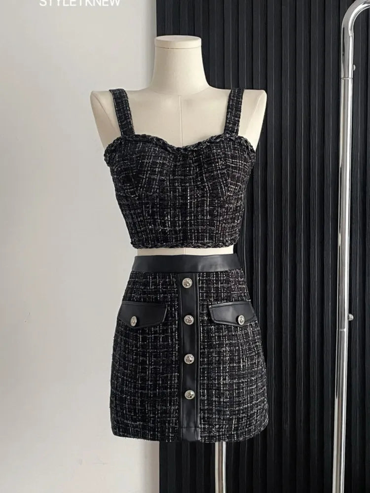 maoxiangshopHigh Street Small Fragrance Tweed Two Piece Set For Women Vest Tops + Bodycon Skirt Suits Summer HotSweet Sexy 2 Piece Outfits