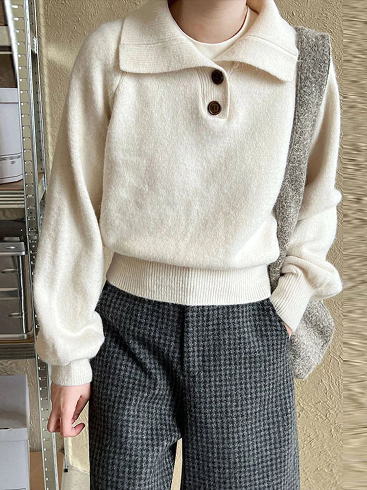 maoxiangshop - Casual Solid Knitted Lapel Sweaters Women Vintage Loose Button Long Sleeve Pullover Sweater Female Autumn Elegant Chic Base Tops